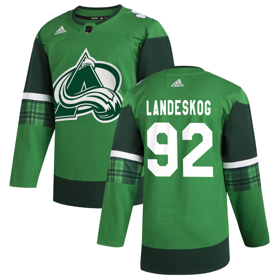 Colorado Avalanche #92 Gabriel Landeskog Men Adidas 2020 St. Patrick Day Stitched NHL Jersey Green->colorado avalanche->NHL Jersey